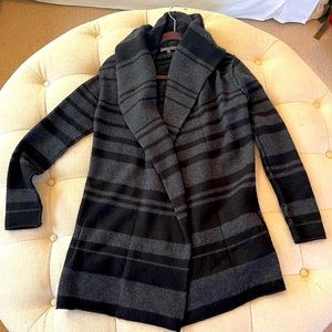 Vince cashmere/wool gray and black striped open cardigan sweater with hoodie